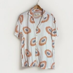 Folk Shirt Men Size Medium Ivory Floral Linen Blend Button Up Short Sleeves